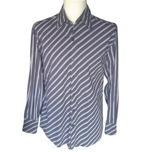 Victor Emmanuel SZ M 100% Cotton Men's Diagonal Navy Striped Button Up Shirt